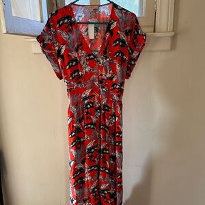 LOFT NWT Size 14 Midi Dress Red Floral Tropical Fit Flare